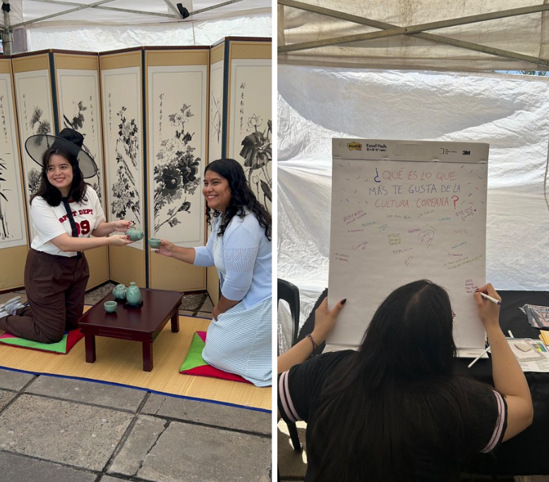 무릎을 꿇고 앉아 있는 두사람, 뒤돌아 글을 쓰고있는 사람